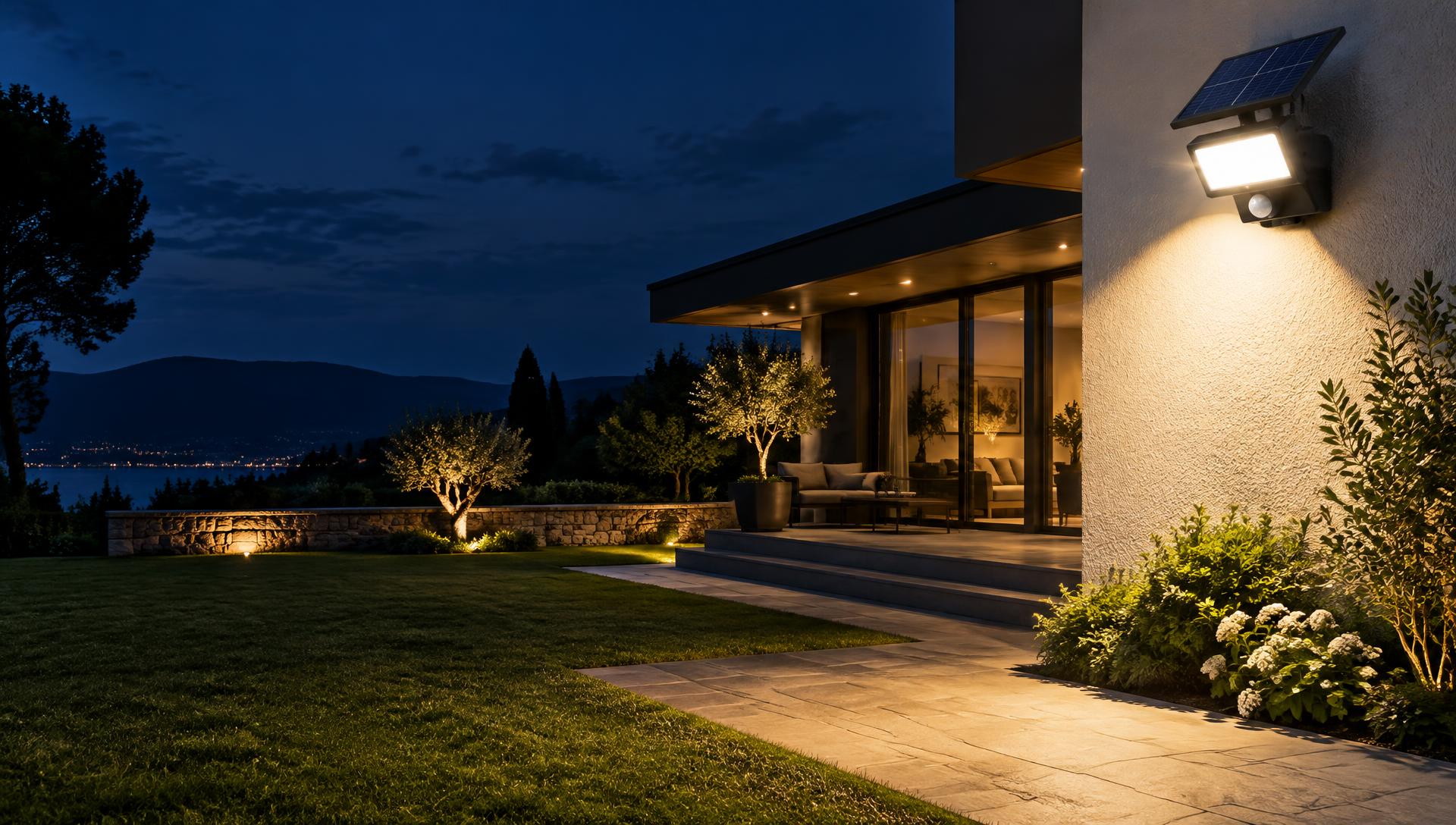 Projecteur LumiSol éclairant un jardin la nuit